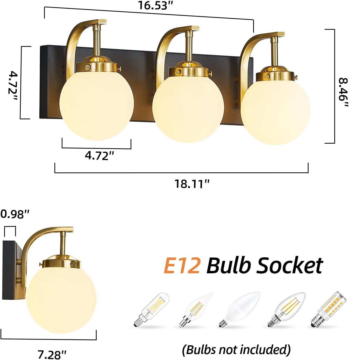 Modern Sand Black-Gold Bathroom Vanity Light Fixtures Over Mirror 3 Light Wall Sconce Vanity Light for Bathroom Lighting