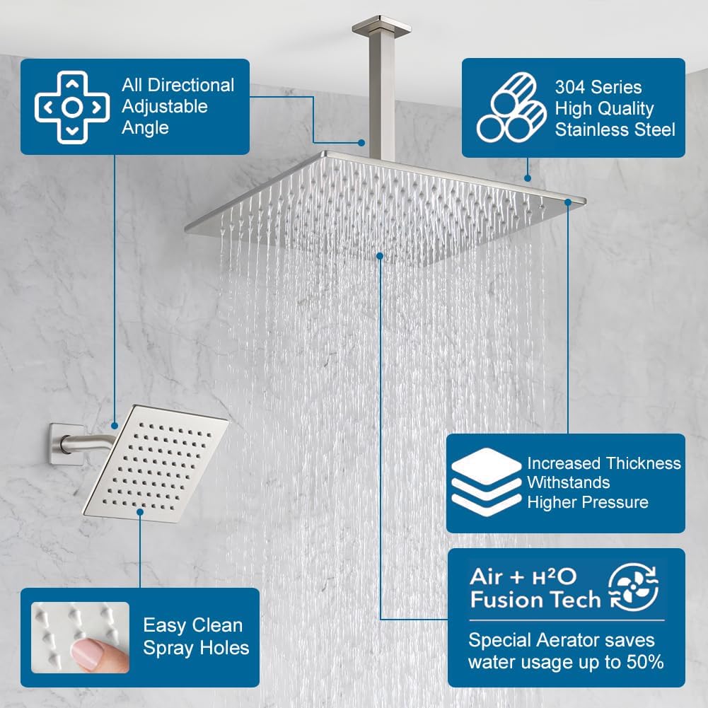 Shower Faucet Set Brushed Nickel Bathroom Rainfall Shower System, 12 Inch Ceiling Mount Shower Head with 6 Inch Wall Mount Shower Head, Include Shower Valve and Trim Kit