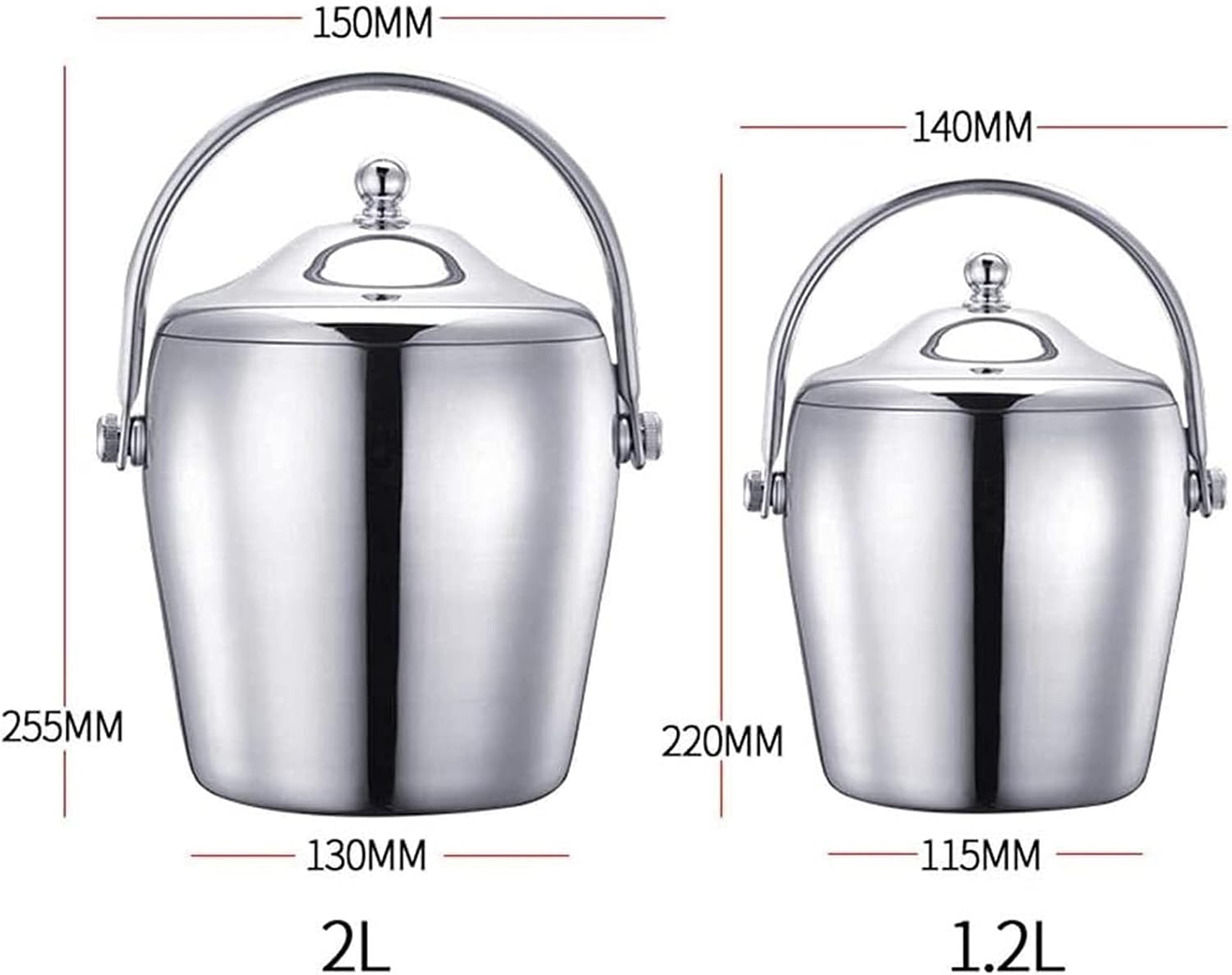 1.2/2L Stainless Steel Ice Bucket Portable 6-Hour Double-Layer Insulated Freezer with Lid for Parties Barbecues Buffets (Size : 2L) (Size : 2L) (1.2L)