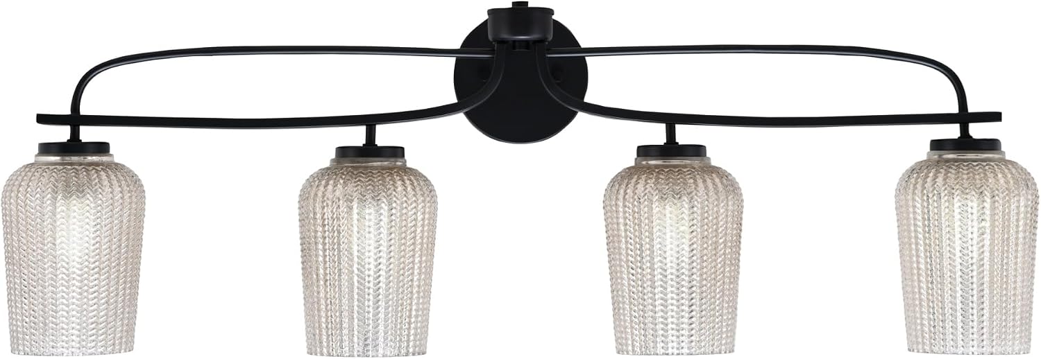 Toltec Lighting Cavella 4-Light Bath Bar – Modern Vanity Light Fixture for Bathroom – Dimmable and LED-Compatible Wall Light – Matte Black Finish, 5' Silver Textured Glass