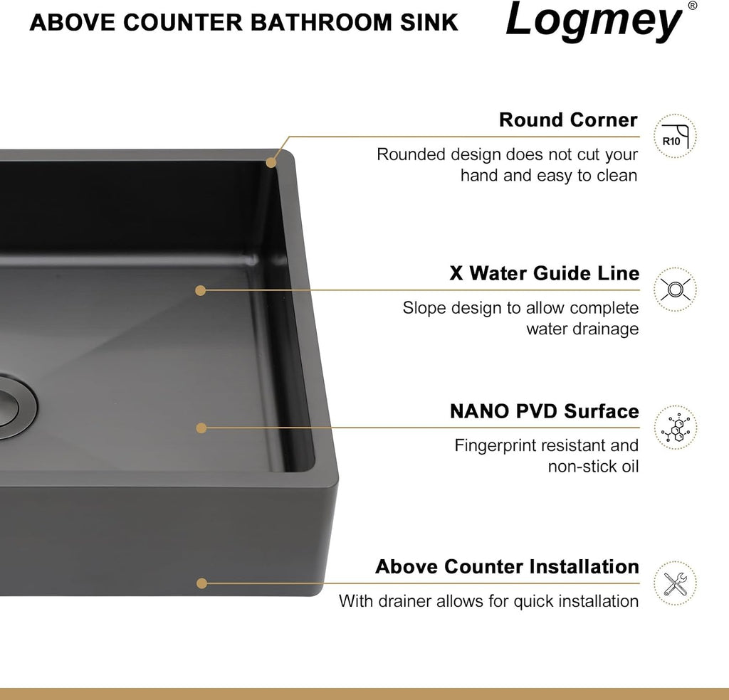 Logmey 15' Black Shallow Bathroom Vessel Sink 15x15 Square Handmade 16 Gauge Stainless Steel Above Counter 4 Inch Deep RV Bathroom Sink Sinks with Pop up Drain Set