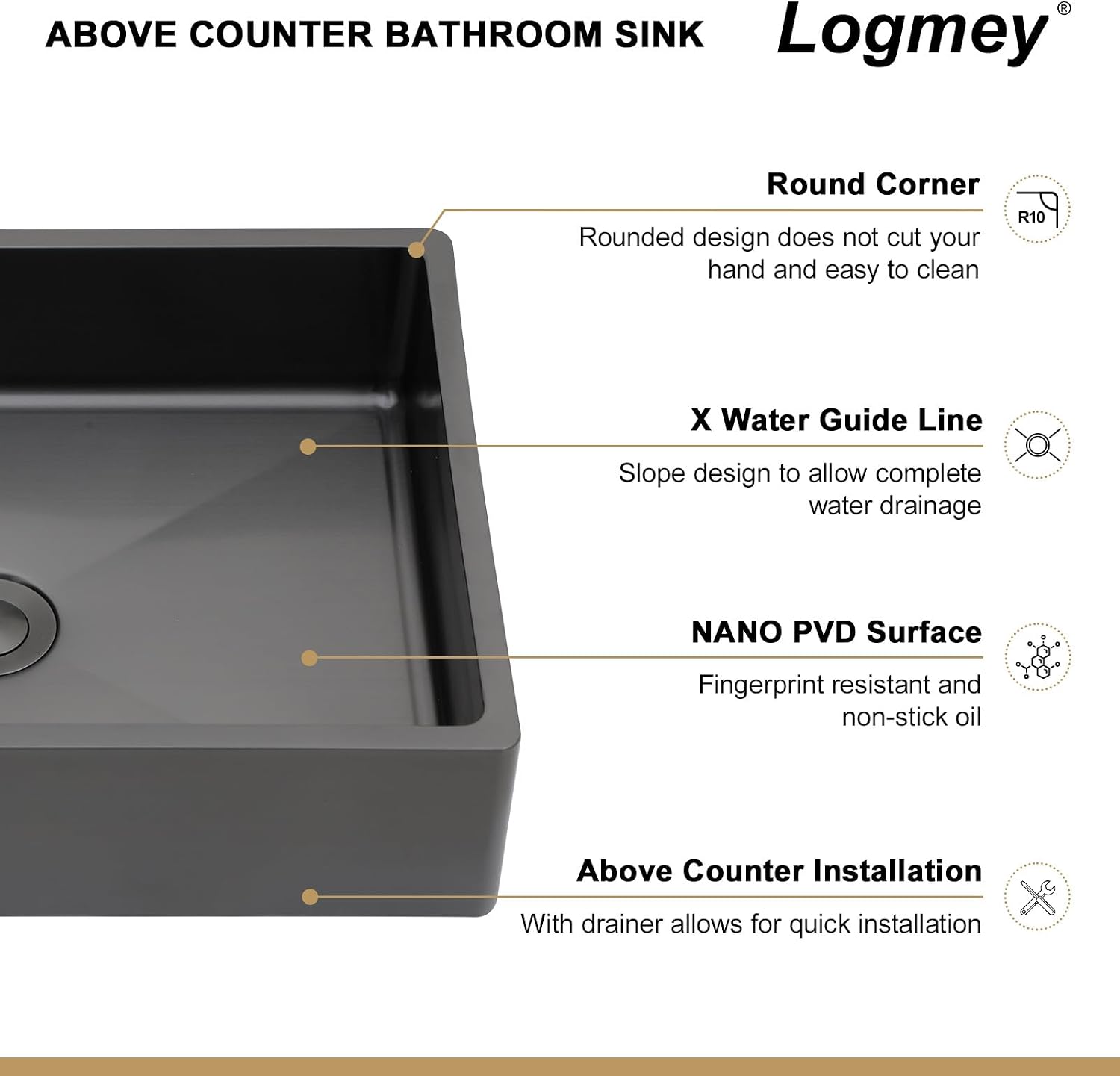 Logmey 15' Black Shallow Bathroom Vessel Sink 15x15 Square Handmade 16 Gauge Stainless Steel Above Counter 4 Inch Deep RV Bathroom Sink Sinks with Pop up Drain Set
