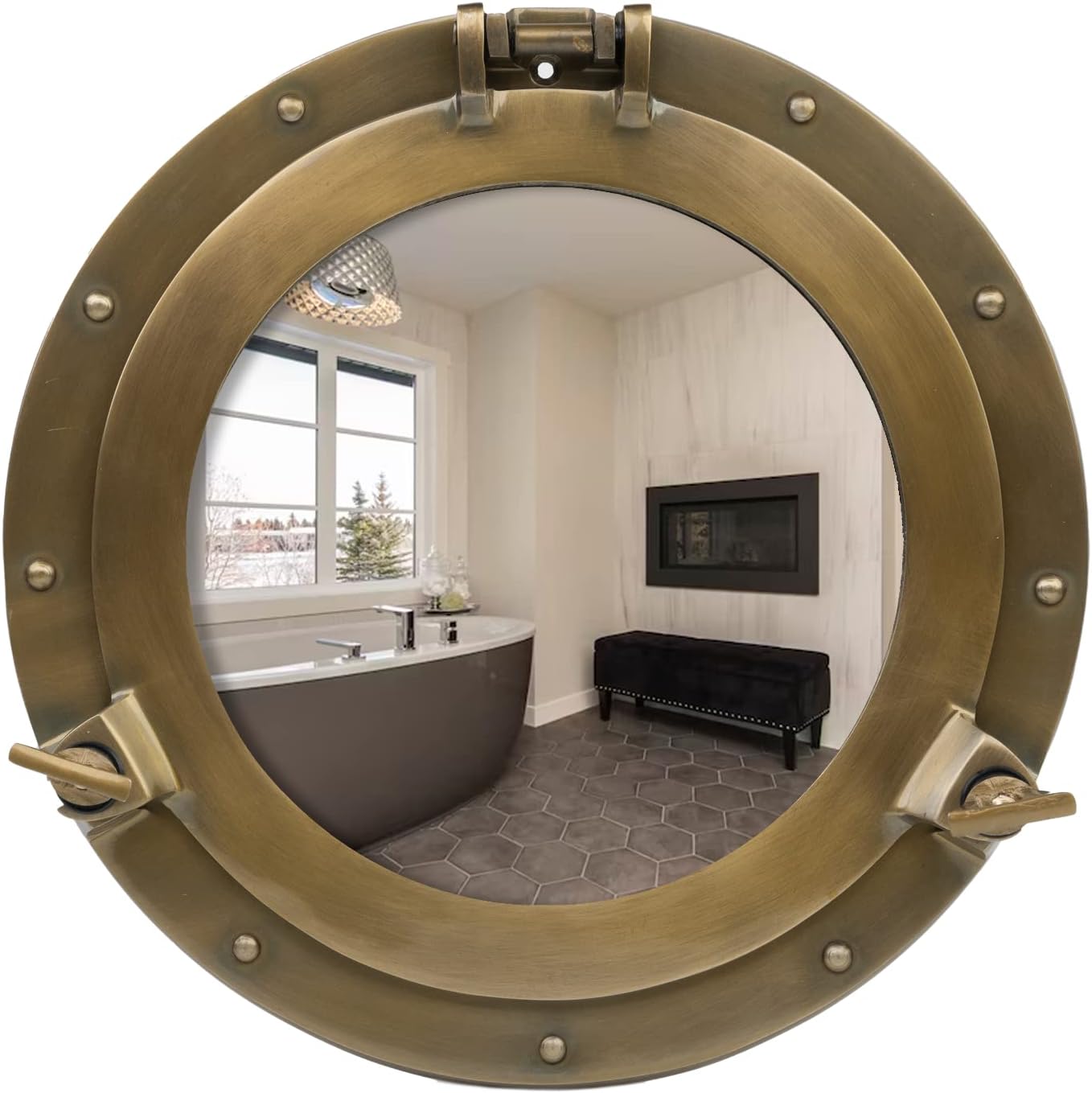 17 Inch Nautical Porthole Mirror for Bathroom – Antique Brass Vanity Porthole Mirror, Round Nautical Bathroom Decor Wall Mirror