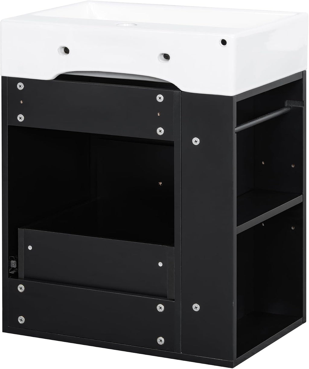 20-inch Bathroom Vanity with Sink Combo, Wall-Mounted Single Storage Cabinet with One Drawer& Left 2-Tier Storage Shelves, Wooden Vanity with Ceramic Basin for Bathroom, Black