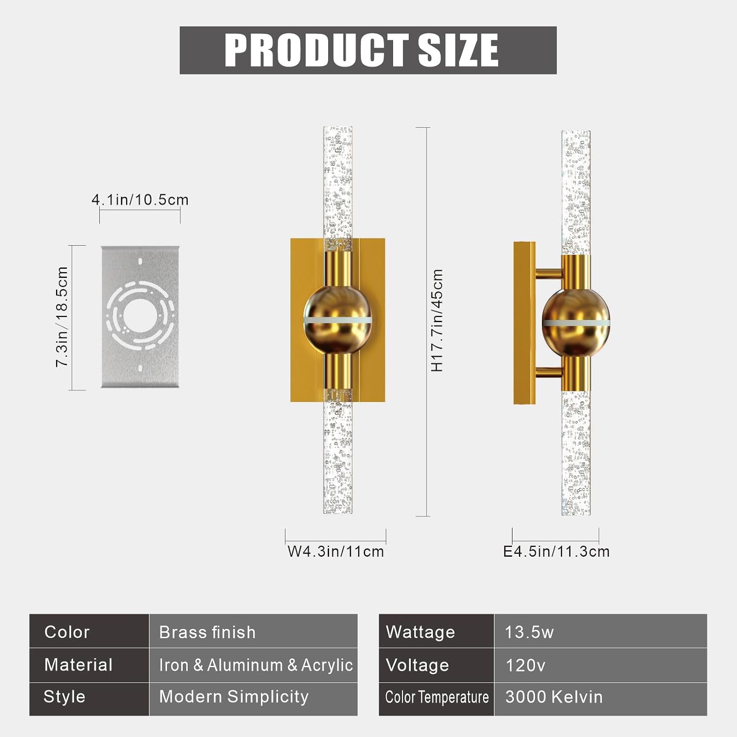 Modern Brass Wall Sconce Indoor, LED Wall Light Fixtures Set of 2 | 13W Dimmable Brightness, 17.7' Bathroom Vanity Light, Bedroom Hallway Use, Hardwired Wall Mount Lighting, 3000K Warm White