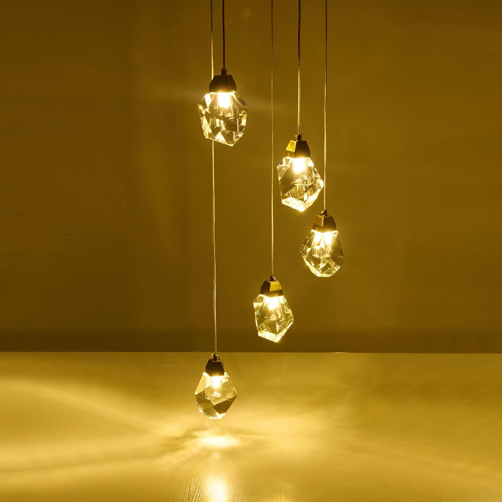 Dimmable Brass Gold Crystal Pendant Light - Modern 5-Light Diamond Chandelier for Kitchen Island, Dining Room, Hallway, and Bathroom