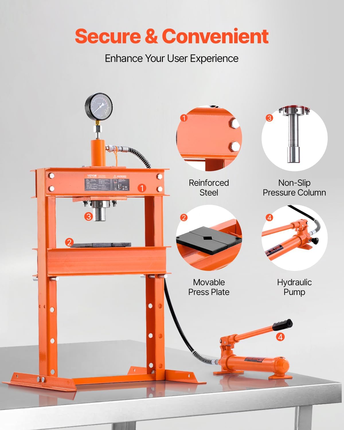 VEVOR Hydraulic Shop Press, 10 T H-Frame Shop Press with Press Plate & H-Shaped Base, Stable Garage Floor Adjustable Hydraulic Press with Relief Valve, Fit for Bending, Straightening & Stamping
