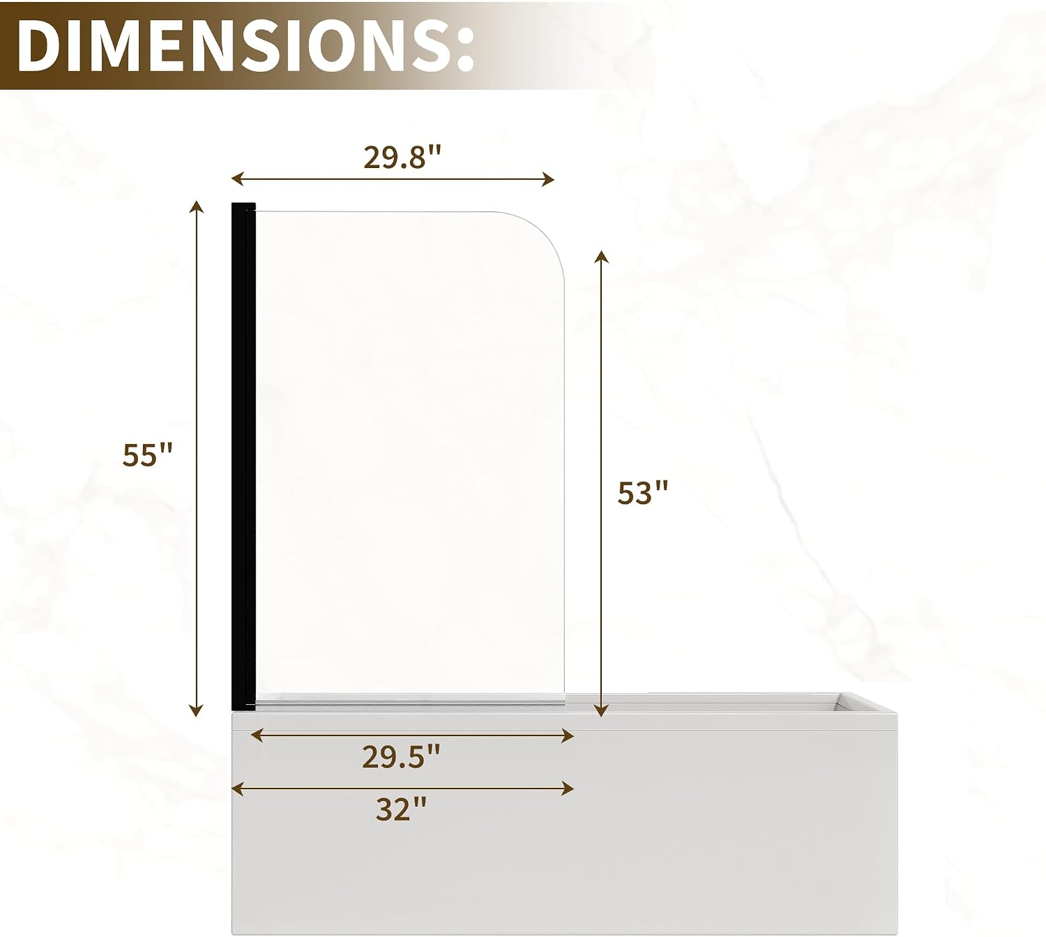 Bathtub Shower Screen 32 Inch W x 55 Inch H, Curved Splash Screen for Tub, 6mm Tempered Glass with Matte Black Aluminum Frame, Space-Saving Bathroom Upgrade