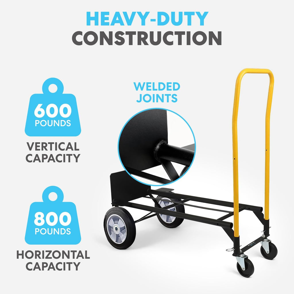 Simpli-Magic 2 in 1 Convertible Hand Truck and Dolly, 800LBS – Heavy-Duty Moving Dolly Cart with 10' Flat Free Rubber Wheels & Handle