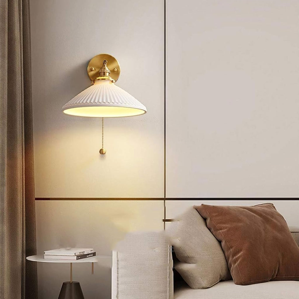 Vintage Ceramic Wall Sconce with Pull Cord Switch, Brass Wall Light Fixture, E27 Bedside Lamp for Living Room, Dining Room, Bedroom, Study - 1 Pack/2 Pack (2 Pack)