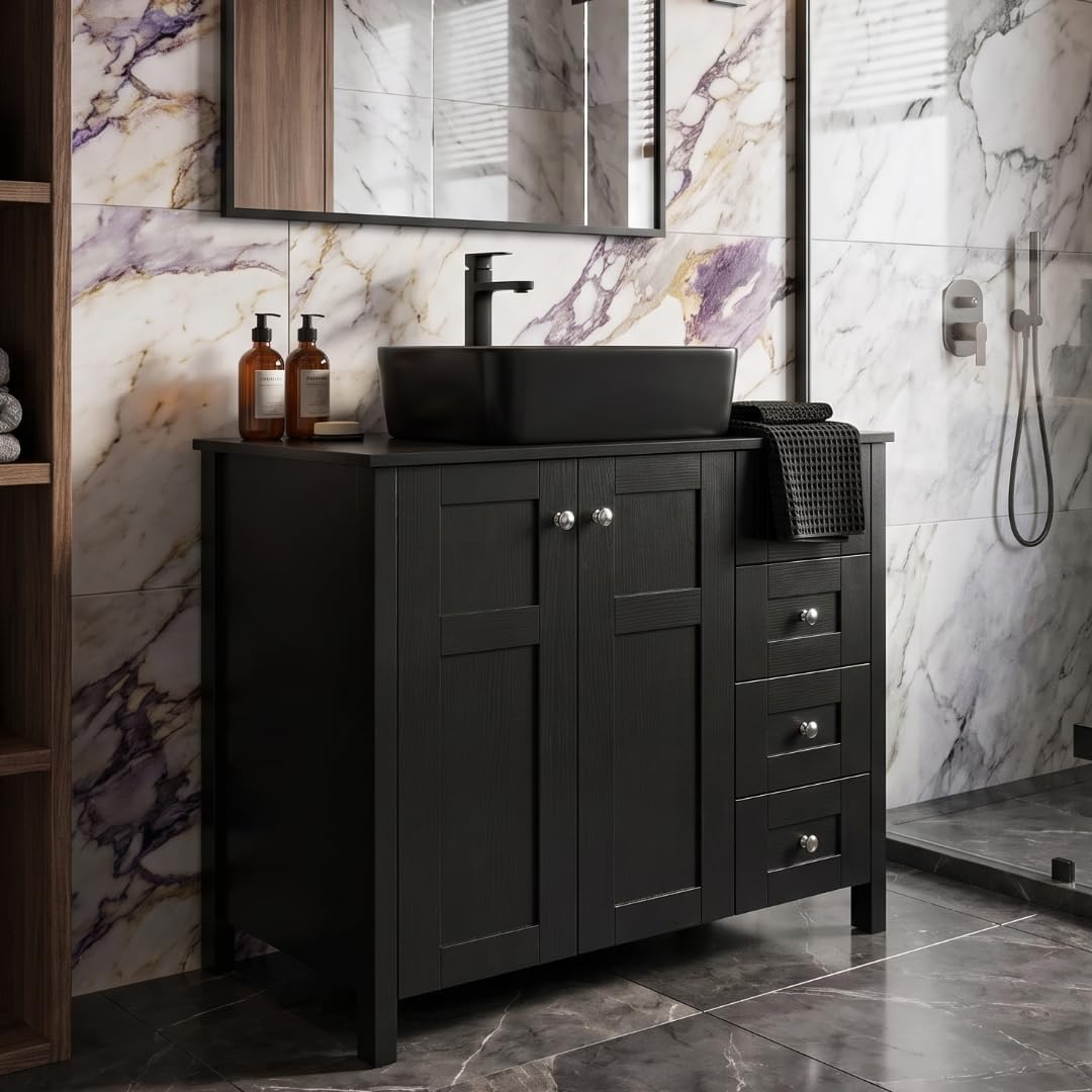 32 Inch Bathroom Vanity with Sink, Traditional Freestanding Black Bathroom Vanity Cabinet with Four Drawers, Pedestal Cabinet with Square Black Ceramic Sink