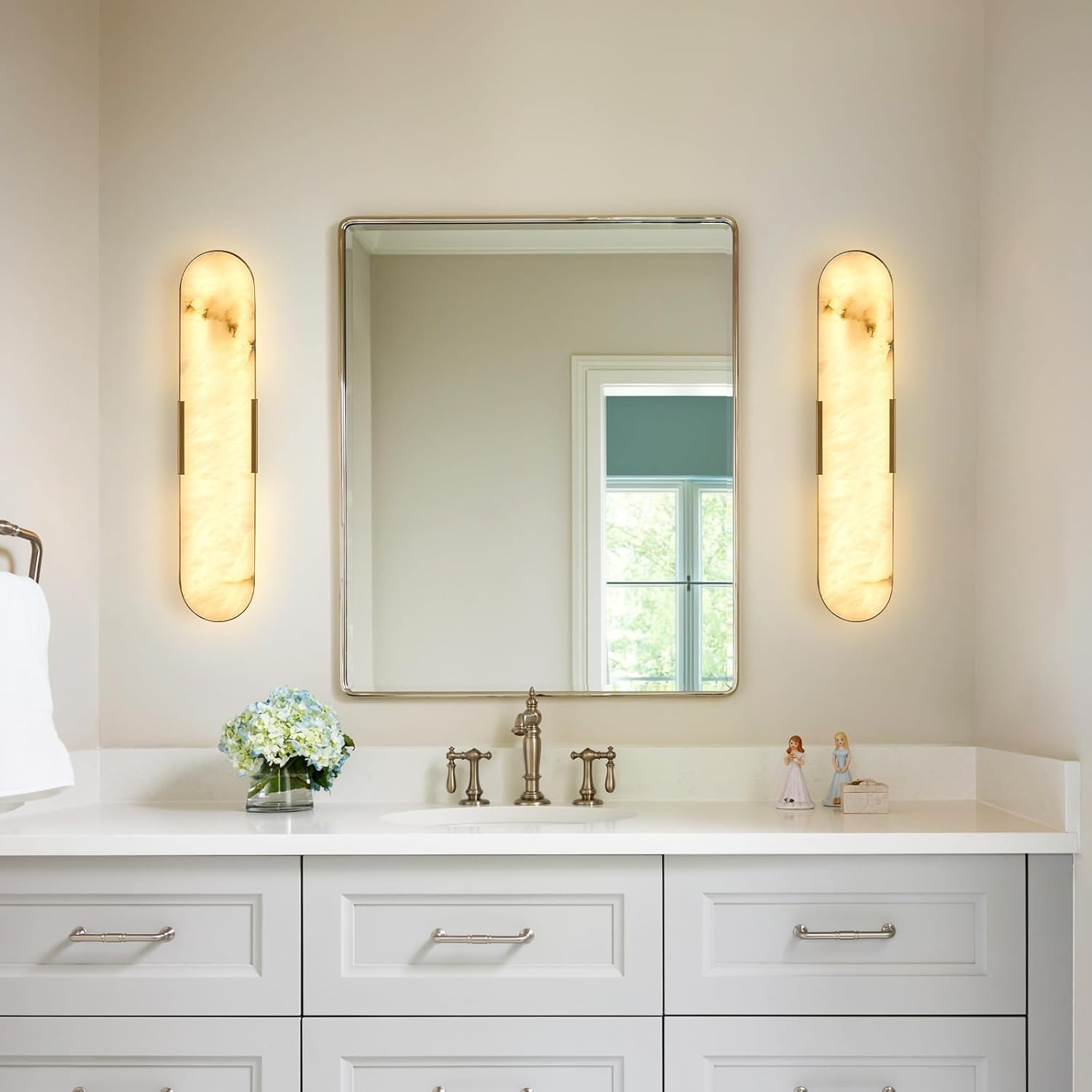 Gold Alabaster Wall Sconces Set of Two 20' Natural Marble LED Wall Lights, Mid Century Marble Wall Lamp Bathroom Vanity Indoor Alabaster Wall Lighting Fixtures for Bedroom Hallway Stairs
