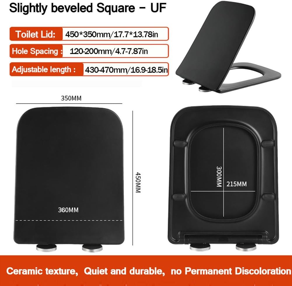 Matte Black Soft-Close Toilet Seat,Rectangular Toilet Bowl with Quick Release UF Material for Square Toilet Replacement Cover Lid for Modern Bathrooms,Adjustable Hinge,Black