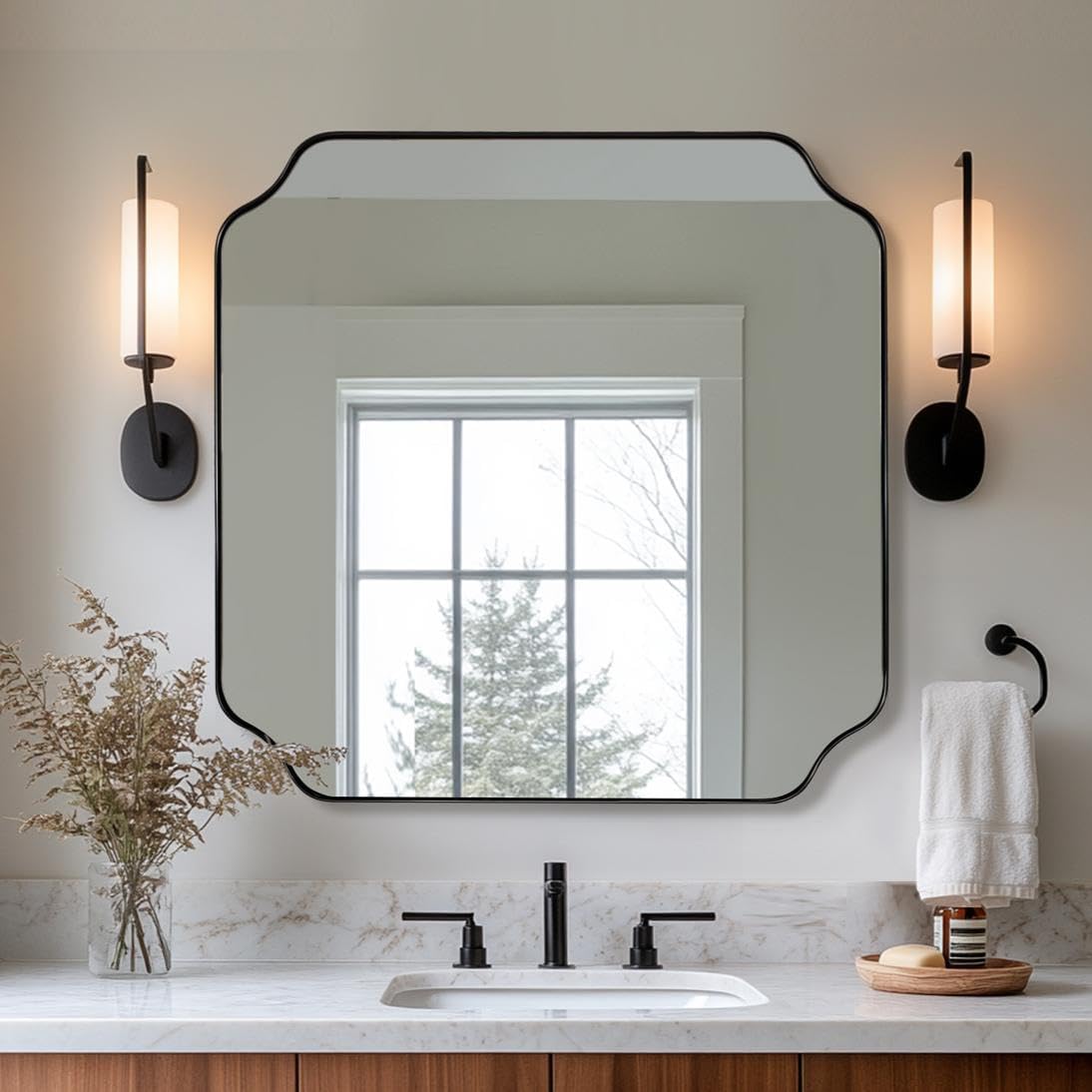 ANDY STAR 30x30 Inch Square Mirror, Matte Black Vanity Mirror, Modern Scalloped Bathroom Mirror in Premium Stainless Steel Metal Thin Frame, Unique Rounded Notched Corners