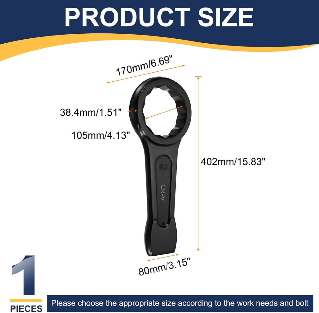 HARFINGTON Box End Striking Ring Wrench 105mm Metric CR-V Steel 12-Point Flat Strike Wrench Baking Paint Single Head Spanner Hand Tool for Mechanical Automotive Repair