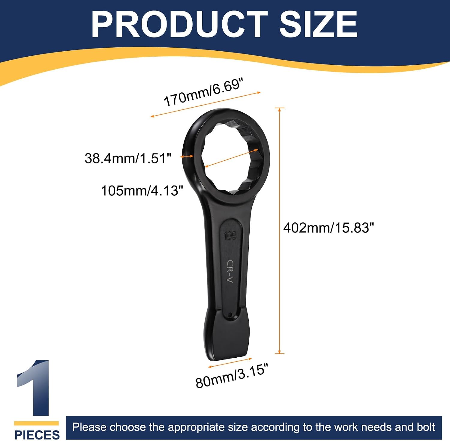 HARFINGTON Box End Striking Ring Wrench 105mm Metric CR-V Steel 12-Point Flat Strike Wrench Baking Paint Single Head Spanner Hand Tool for Mechanical Automotive Repair