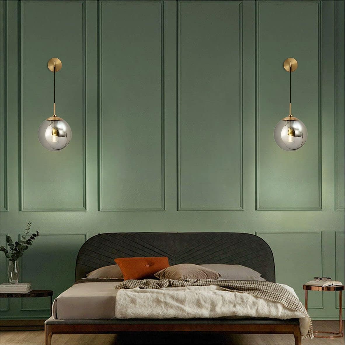 BOKT Mid Century Modern Wall Sconce Set of Two Gold Wall Sconce Light Smoke Gray Glass Round Wall Lighting Fixture Set of 2 Brushed Brass Minimalist Adjustable Bar Wall Lamp (Gold+Smoky Grey)