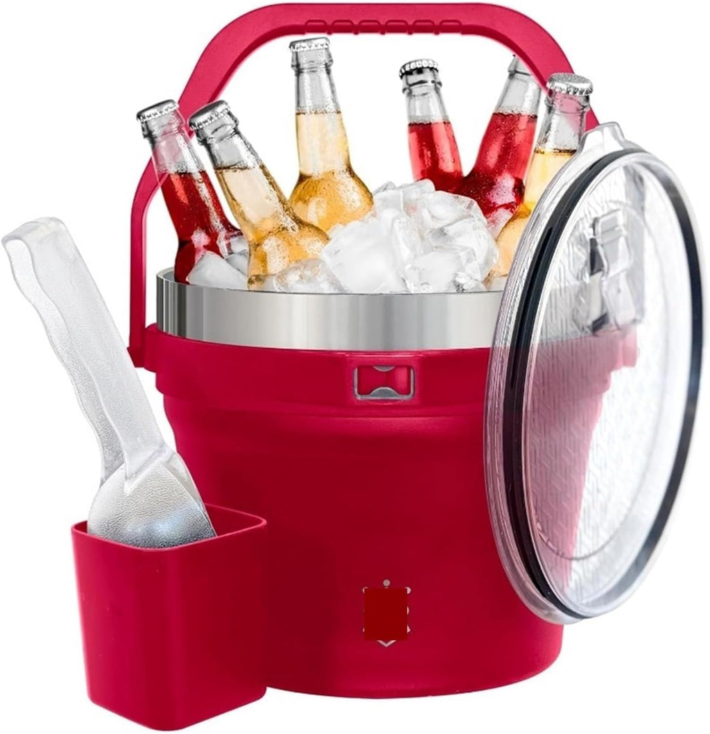 Stainless Steel Large Ice Bucket for Parties, Double-Wall Vacuum Insulated Ice Bucket & Lid, Ice Scoop & Holder.(Red)