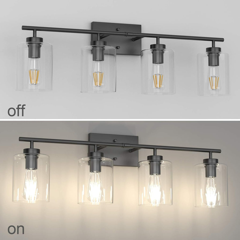 Aipsun 4 Lights Black Bathroom Vanity Light Over Mirror with Clear Glass Shades Industrial Bathroom Light Fixtures (Exclude Bulb)