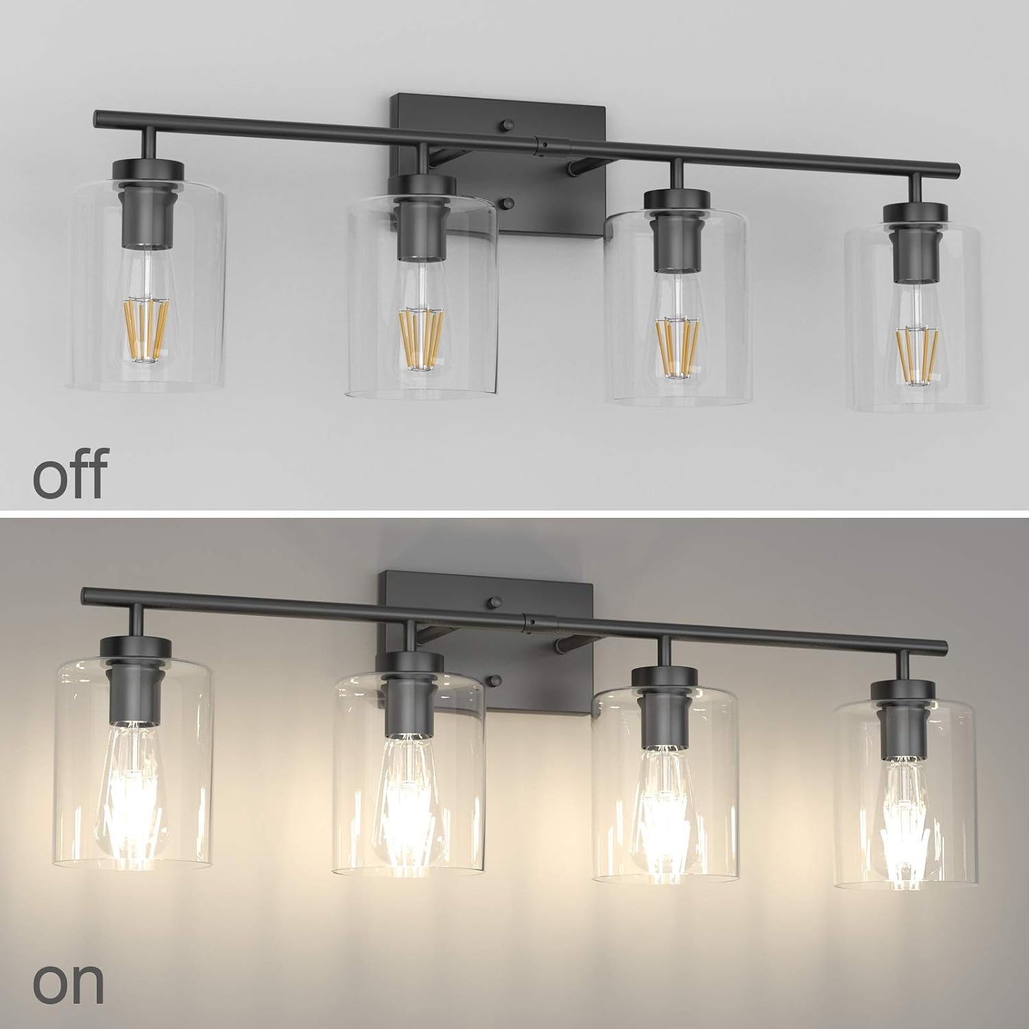 Aipsun 4 Lights Black Bathroom Vanity Light Over Mirror with Clear Glass Shades Industrial Bathroom Light Fixtures (Exclude Bulb)