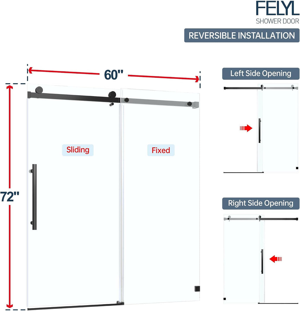 Frosted Black Sliding Shower Door 55-60' W x 72' H, Single Sliding Door, Frameless, 1/4'(6mm) Tempered Glass, Reversible Installation