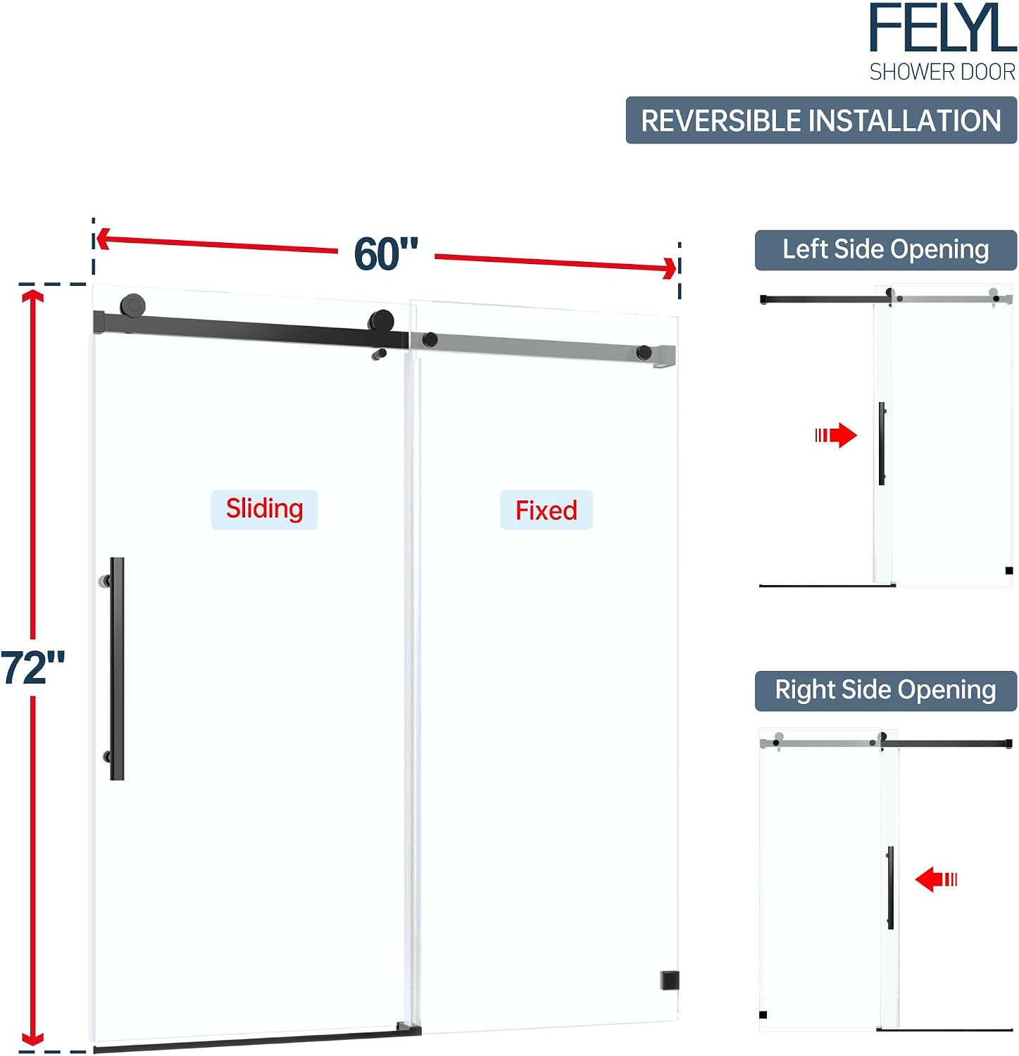 Frosted Black Sliding Shower Door 55-60' W x 72' H, Single Sliding Door, Frameless, 1/4'(6mm) Tempered Glass, Reversible Installation