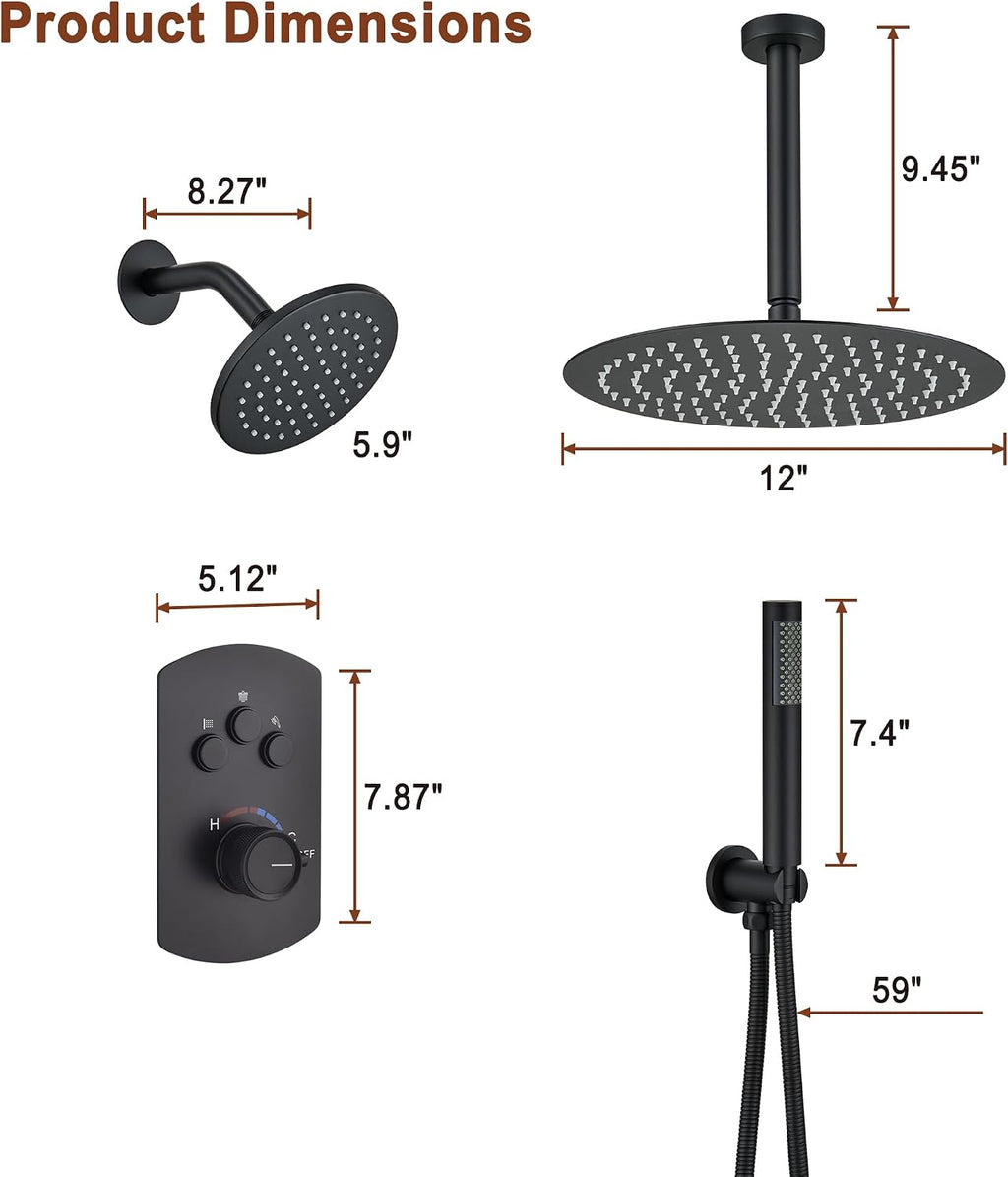 MONDAWE 12 Inch Ceiling Mounted Black Shower System, Dual Rainfall Shower Head & High Pressure Handheld Spray Combo, 3-Function Luxury Shower Faucet Set for Bathroom, All Functions Work Simultaneously