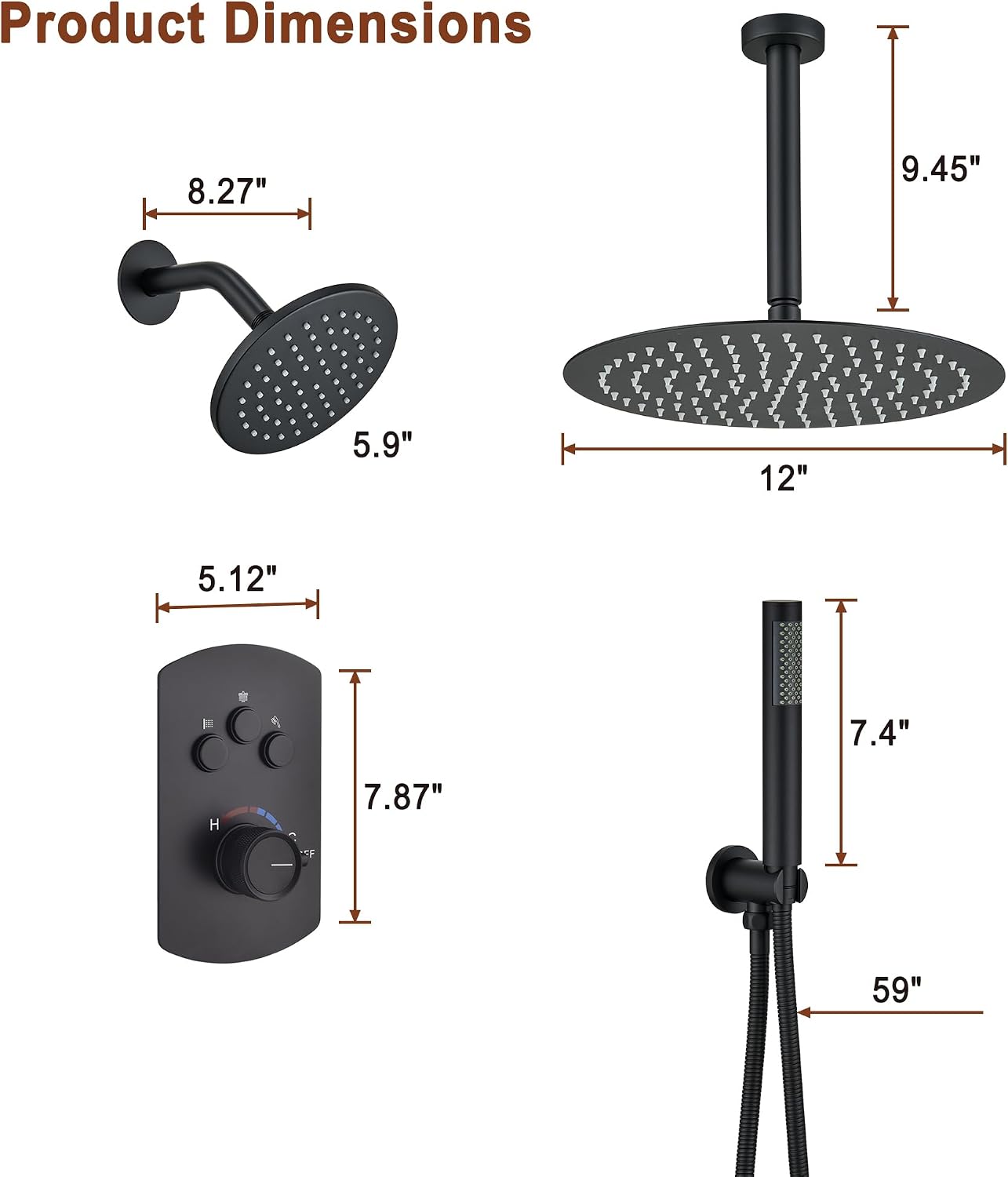 MONDAWE 12 Inch Ceiling Mounted Black Shower System, Dual Rainfall Shower Head & High Pressure Handheld Spray Combo, 3-Function Luxury Shower Faucet Set for Bathroom, All Functions Work Simultaneously