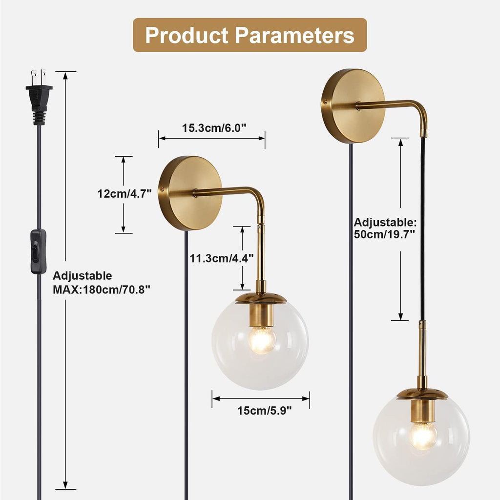 BOKT Mid Century Modern Globe Wall Sconce Lighting Set of Two Plug in Brushed Brass Gold Bathroom Wall Light Set of 2 Plug in Cord Clear Bubble Glass Ball Bedroom Wall Lamp(Clear)