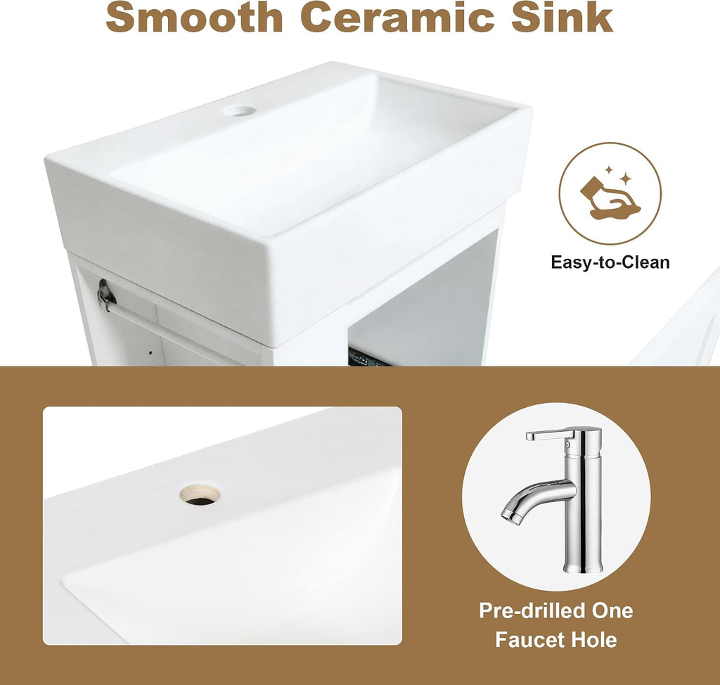20-inch Bathroom Vanity with Sink Combo, Wall-Mounted Single Storage Cabinet with One Drawer& Left 2-Tier Storage Shelves, Wooden Vanity with Ceramic Basin for Bathroom, White
