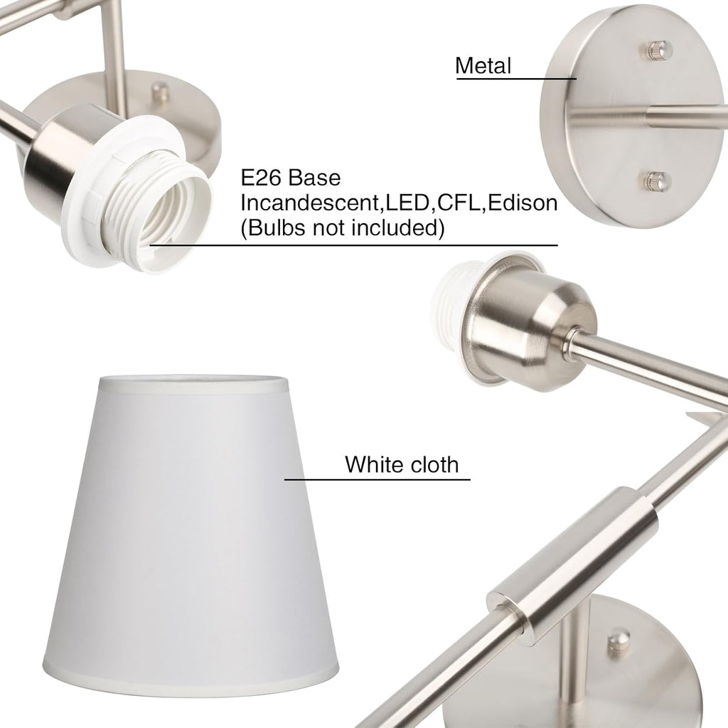 PERMO Industrial Double Sconce Large 2-Lights Wall Sconce with Flared White Textile Lampshade and Brushed Nickel Finished Long Arm for Bathroom Bedroom, Hardwired Wall Sconces