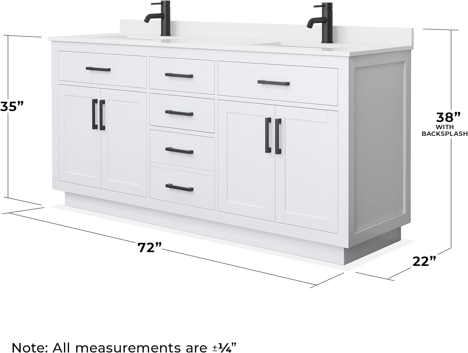 Wyndham Collection Beckett 72 Inch Double Bathroom Vanity with Toe Kick in White, White Quartz Countertop, Undermount Square Sinks (1-Hole), Matte Black Trim