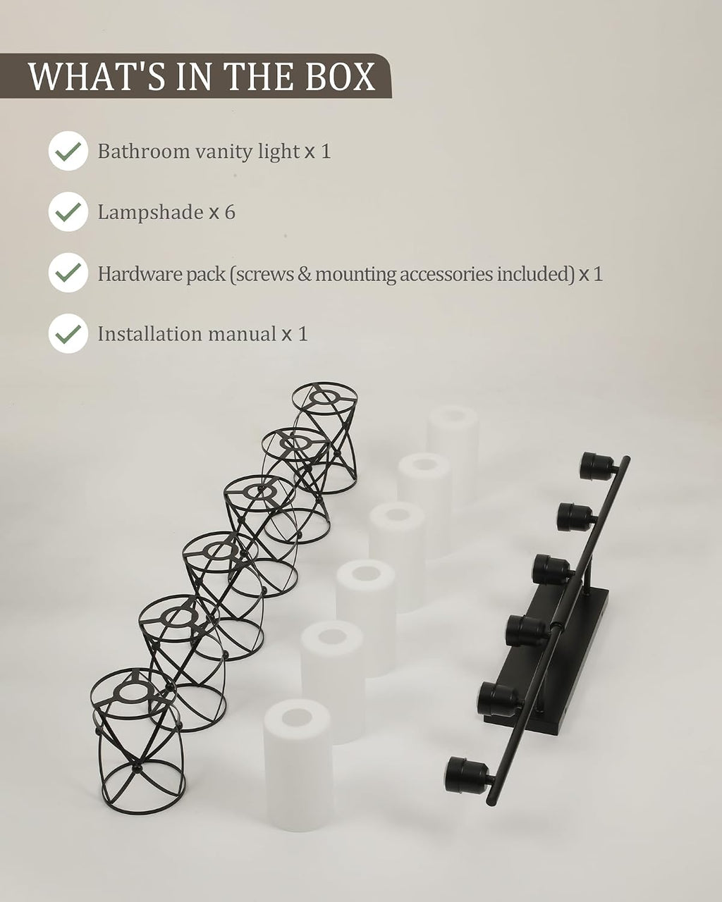 6-Light Matte Black Bathroom Light Fixtures Over Mirror, 42' UL-Listed Modern Farmhouse Wall Sconce Lights with Milk White Frosted Glass and Metal Cage for Bath, Hardwire E26, CH9176BKW-6W