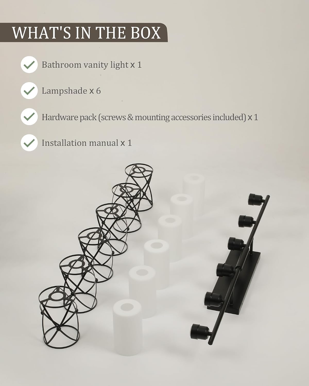6-Light Matte Black Bathroom Light Fixtures Over Mirror, 42' UL-Listed Modern Farmhouse Wall Sconce Lights with Milk White Frosted Glass and Metal Cage for Bath, Hardwire E26, CH9176BKW-6W