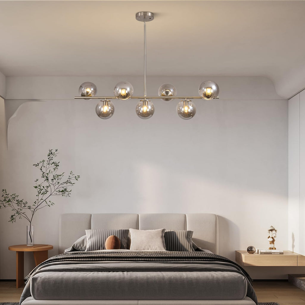KCO Lighting MCM Brushed Nickel Linear Sputnik Chandeliers for Dining Room | 31.5' Rod for Sloped Ceiling, 7W 3000K E26 Bulb Included, Smoke Gray Glass Globe Pendant Light for Kitchen Island Living Room