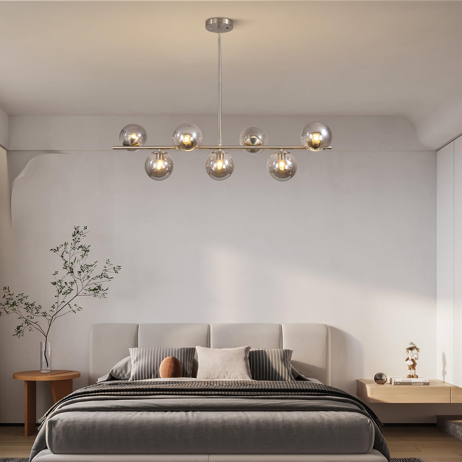 KCO Lighting MCM Brushed Nickel Linear Sputnik Chandeliers for Dining Room | 31.5' Rod for Sloped Ceiling, 7W 3000K E26 Bulb Included, Smoke Gray Glass Globe Pendant Light for Kitchen Island Living Room