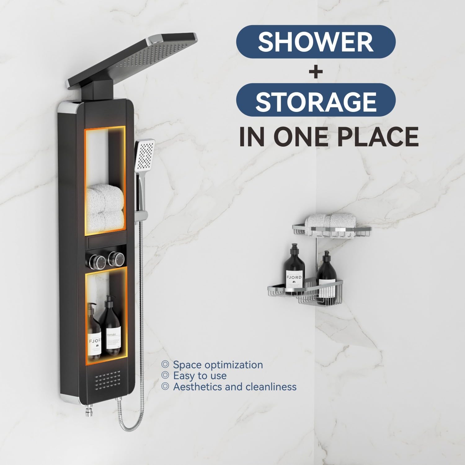 ELLO&ALLO Shower Panel Tower System with Shelf, Rainfall Shower Head and Rain Massage System with Body Jets, Stainless Steel Bathroom Fixtures, Black&Chrome