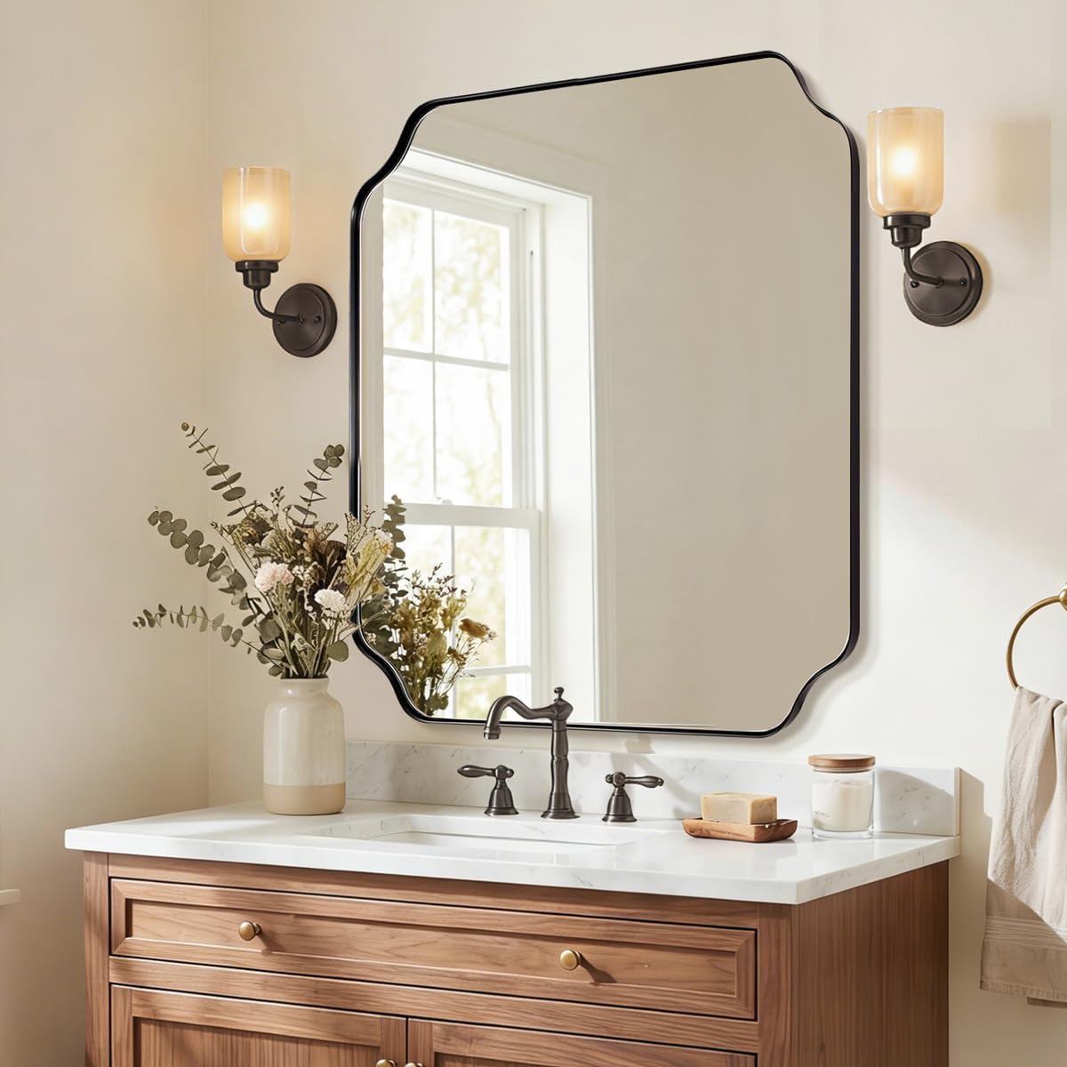 ANDY STAR 30x30 Inch Square Mirror, Matte Black Vanity Mirror, Modern Scalloped Bathroom Mirror in Premium Stainless Steel Metal Thin Frame, Unique Rounded Notched Corners