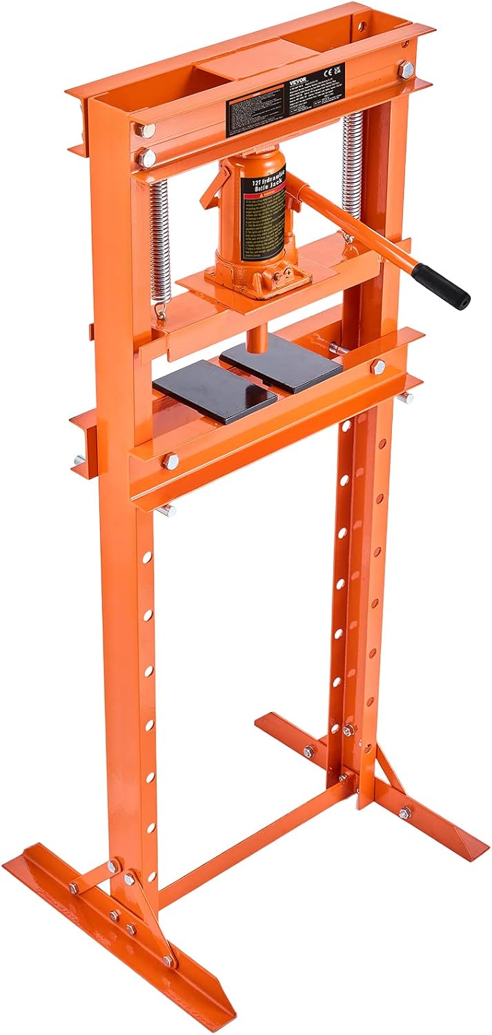 VEVOR Hydraulic Shop Press, 12 Ton/26000lbs, H-Frame, 4-Hold Adjustable Height, with Movable Plates, for Garage or Professional Users, Orange