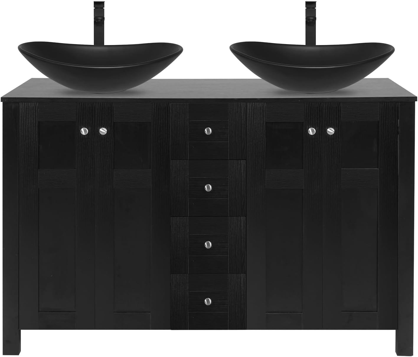 48 Inch Bathroom Vanity with Sink, Traditional Freestanding Black Bathroom Vanity Cabinet with Four Drawers, Pedestal Cabinet with Two Black Ceramic Boat Sinks