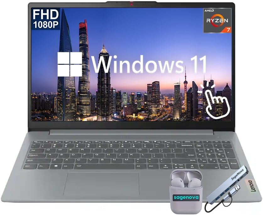 Lenovo IdeaPad Slim 3, 15.6' FHD Touchscreen Business Laptop Computer, 16GB RAM 1TB Storage (512GB SSD+512GB Docking Station), AMD Ryzen 7 5825U (8-Core), Windows 11, SageNova Earphones, Grey