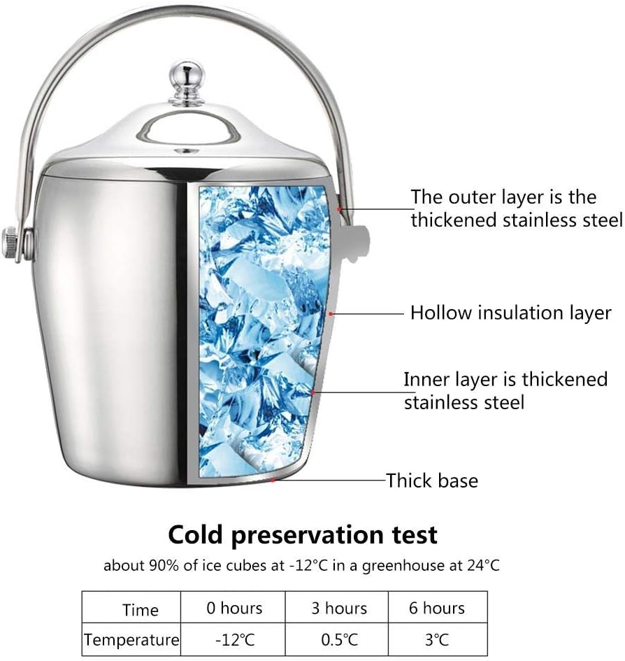 1.2/2L Stainless Steel Ice Bucket Portable 6-hour Double-layer Insulated Freezer with Lid for Parties Barbecues Buffets (Size : 1.2L) (1.2L)