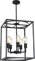 BONLICHT 5 Light Large Farmhouse Chandelier Rustic Dining Room Lighting Fixtures Hanging,Black Foyer Square Cage Pendant Lighting Vintage Industrial Kitchen Island Ceiling Lamp with Metal Art Shade