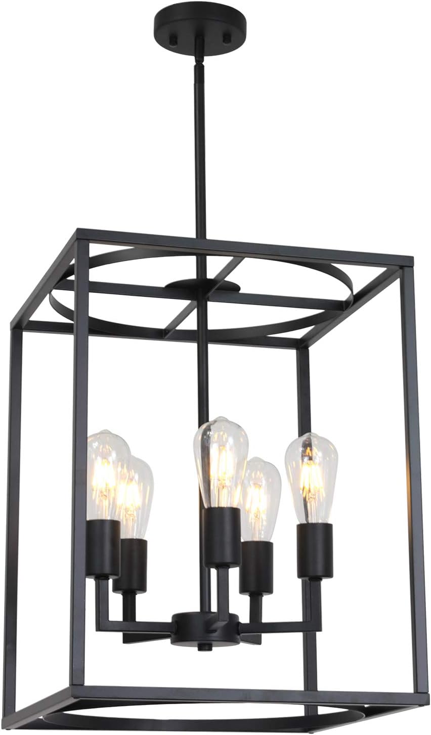 BONLICHT 5 Light Large Farmhouse Chandelier Rustic Dining Room Lighting Fixtures Hanging,Black Foyer Square Cage Pendant Lighting Vintage Industrial Kitchen Island Ceiling Lamp with Metal Art Shade