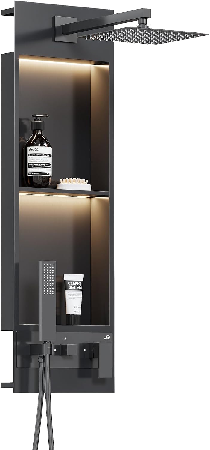 Qeke Integrated Shower Niche with Shower Head and Hand Shower, Stainless Steel Shower Tower System with Led Lights, 2-Tiers No Tile Needed Shower Niche for Bathroom in Gunmetal Black (Golden Shower)