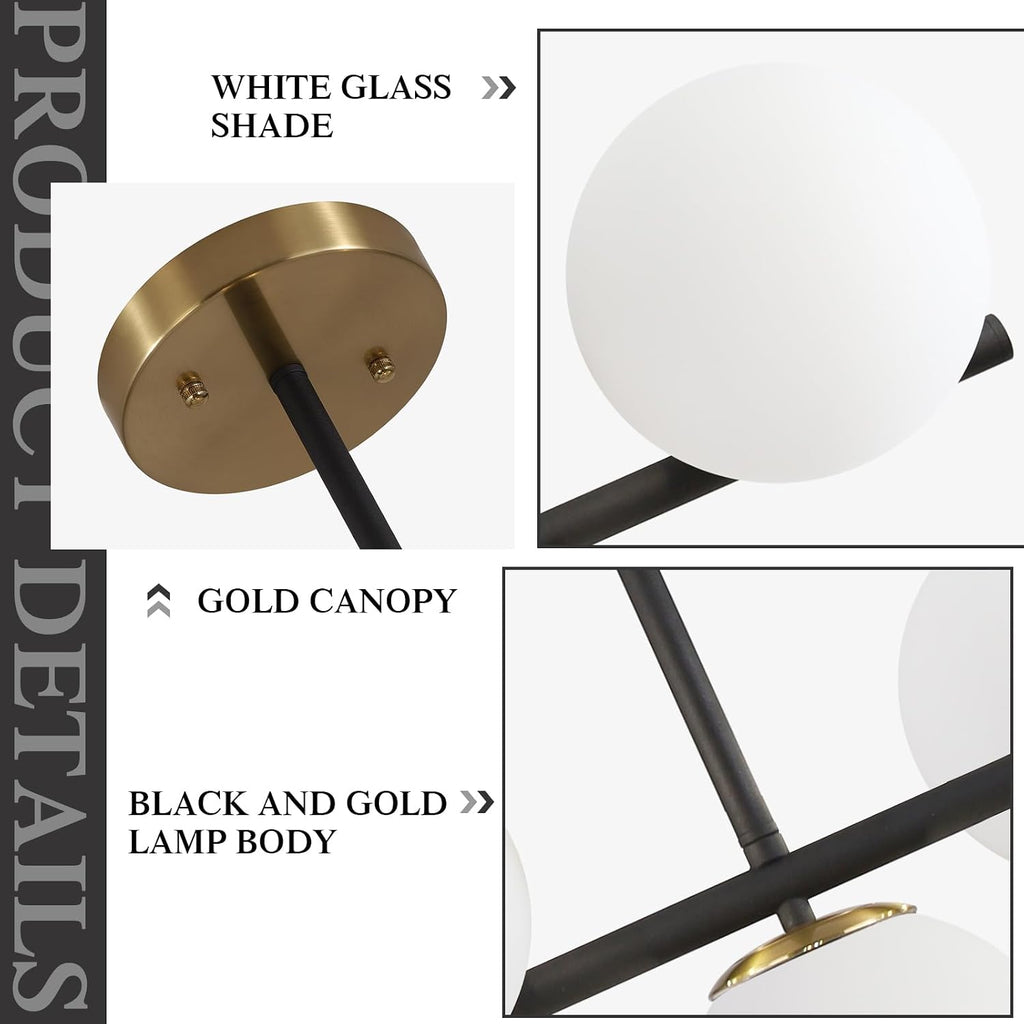 KCO 43.3' Black Gold Linear Glass Globe Sputnik Chandelier for Dining Room | 7-light milk glass globe, mid century modern Linear Pendant, sloped ceiling compatible, for Kitchen island,living room, study