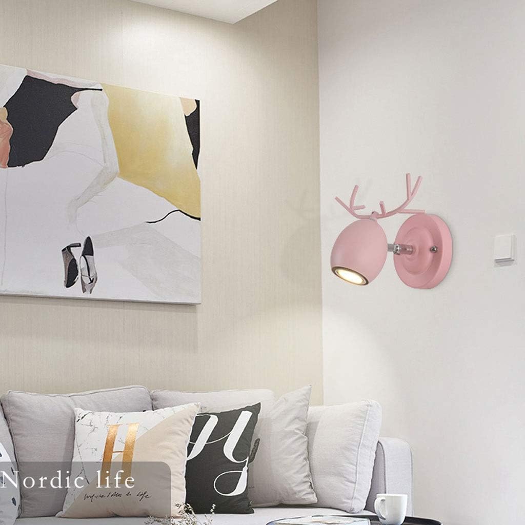 Sconce Wall Lighting Wrought Iron Wall Lamp Nordic Creative Antlers Wall Light Bedroom Wall Sconce for Living Room Bedside Dining Room Bathroom Light Fixtures(Pink)