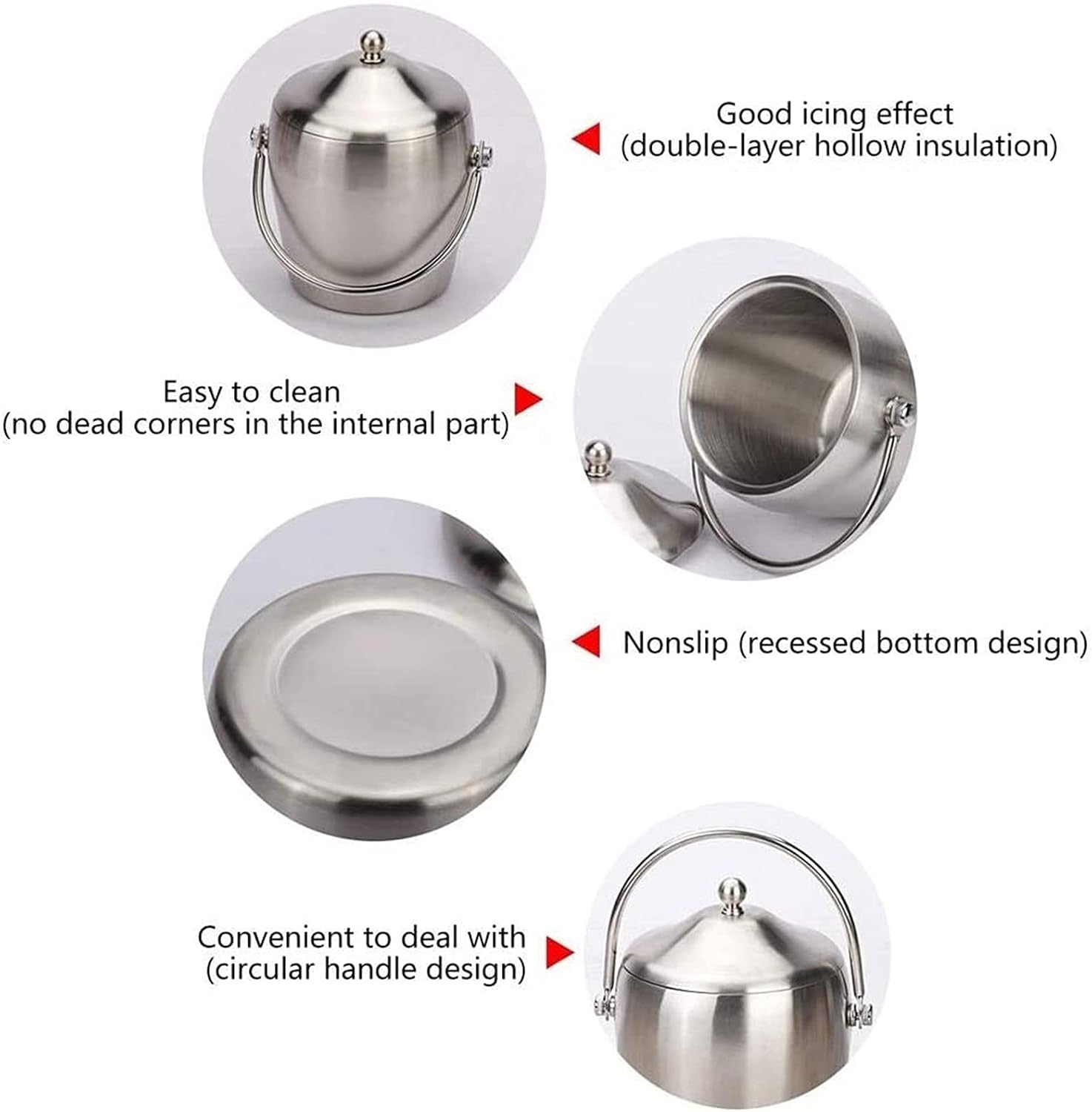 1.2/2L Stainless Steel Ice Bucket Portable 6-Hour Double-Layer Insulated Freezer with Lid for Parties Barbecues Buffets (Size : 2L) (Size : 2L) (1.2L)
