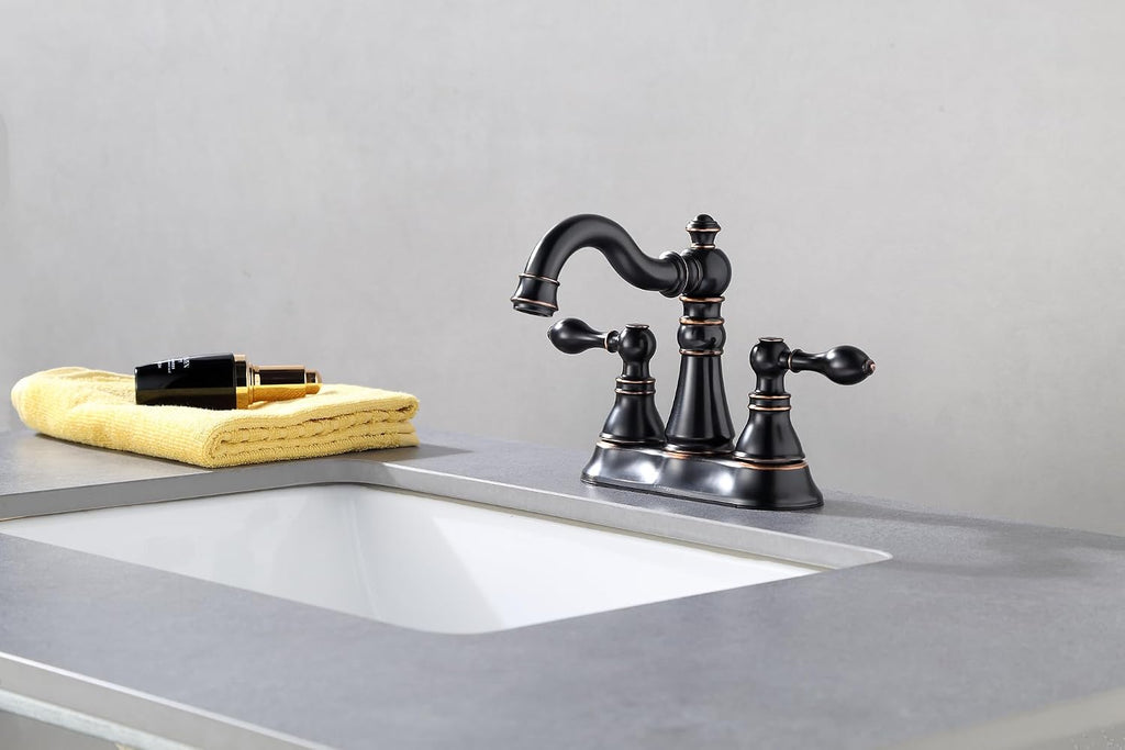 Two Handle Bathroom Faucet Oil Rubbed Bronze Bathroom Lavatory Sink Faucet 3 Hole with Pop up Drain Assembly, Classic 4 Inch Centerset with 360° Swivel Spout,2 Pack,F-0048-ORB