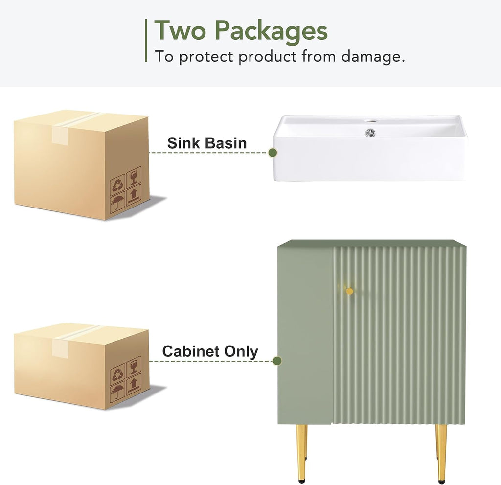 21.6-Inch Bathroom Vanity with Sink, Free Standing Vanity Cabinet with Storage Cabinet & Left Two-Tier Shelf, Solid Wood Bath Vanity Organizer with Ceramic Sink for Bathroom, Green